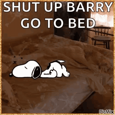 Snoopy Laying On Bed Saying Shut Up Barry GIF