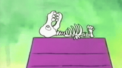 Snoopy Laying On Purple Box With Skeleton GIF