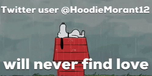 Snoopy Laying On Red House With Twitter User @Hoodiemorant12 Will Never Find Love GIF