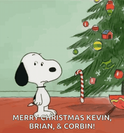 Snoopy Next To Christmas Tree Merry Christmas Kevin Brian & Corbin GIF