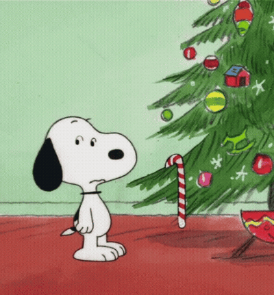 Snoopy Next to Christmas Tree with Candy Cane