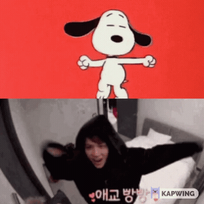Snoopy Next To Person With Korean Writing GIF