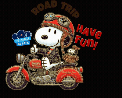 Snoopy On A Motorcycle With The Words Road Trip Have Fun GIF
