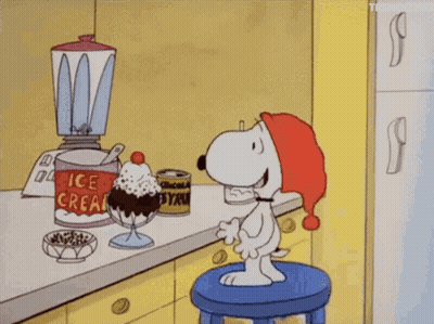 Snoopy On Stool With Ice Cream Can GIF