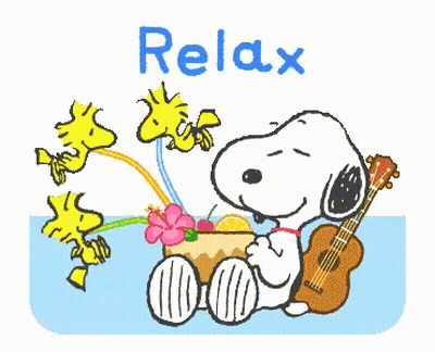 Snoopy Playing Ukulele With Woodstock Saying Relax GIF
