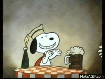 Snoopy Sitting At Table With Beer And Bottle GIF