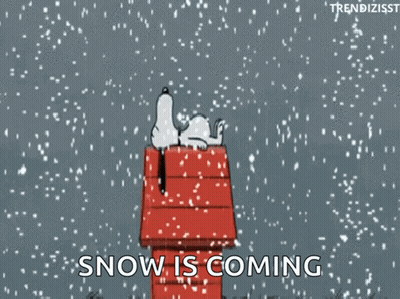 Snoopy Sitting On House In Snow Saying Snow Is Coming GIF