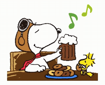 Snoopy Sitting With Beer And Woodstock Eating Donuts GIF