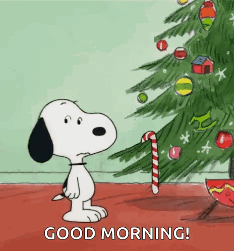 Snoopy Standing In Front Of Christmas Tree With Candy Cane Saying Good Morning GIF