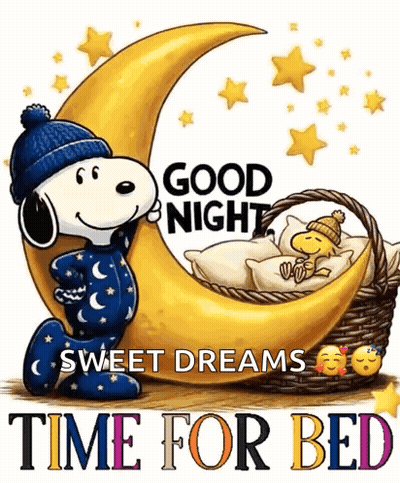 Snoopy Standing Next To Crescent Moon And Basket With Sleeping Woodstock GIF