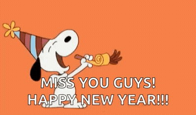 Snoopy Wearing Party Hat Blowing Horn Saying Miss You Guys Happy New Year GIF