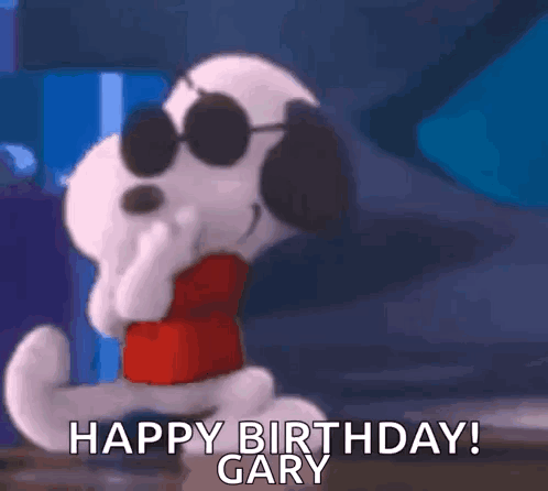 Snoopy Wearing Sunglasses And A Red Shirt Is Saying Happy Birthday Gary GIF