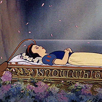 Snow White Is Laying In A Coffin With Petals Falling Around Her GIF