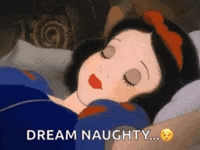 Snow White Is Sleeping In A Bed With Her Eyes Closed And The Words Dream Naughty . GIF