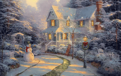 Snowman In Front Of Snowy House GIF