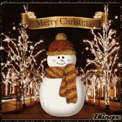 Snowman In Scarf And Hat With Merry Christmas Banner GIF
