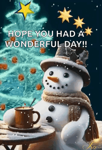 Snowman Sitting At Table With Coffee And Christmas Tree GIF