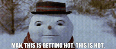 Snowman Wearing Hat And Scarf Saying Man This Is Getting Hot GIF