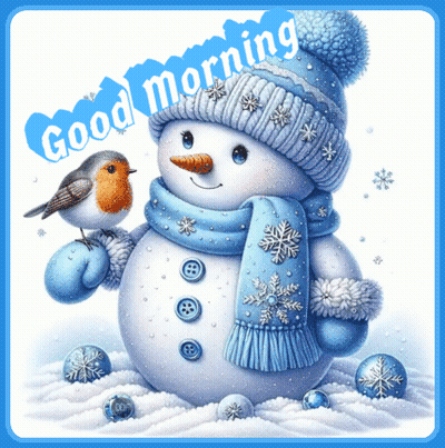Snowman With Blue Hat And Bird Good Morning GIF