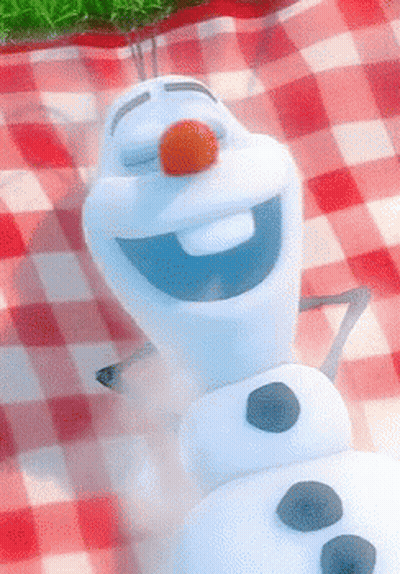 Snowman With Carrot Nose Laying On Checkered Blanket GIF