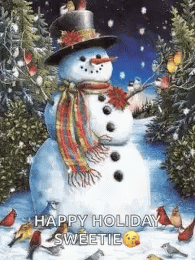 Snowman With Hat And Scarf Surrounded By Birds GIF