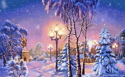 Snowy Landscape With Trees and Street Lights