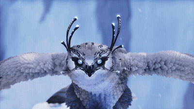 Snowy Owl With Glowing Eyes Flying In Snow GIF
