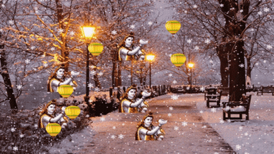 Snowy Park With Shiva Statue Collage GIF