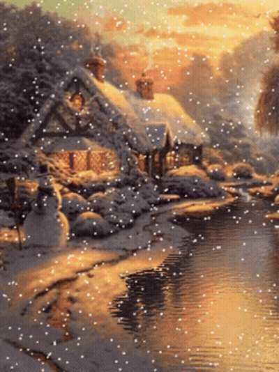 Snowy Scene With House And Snowman GIF