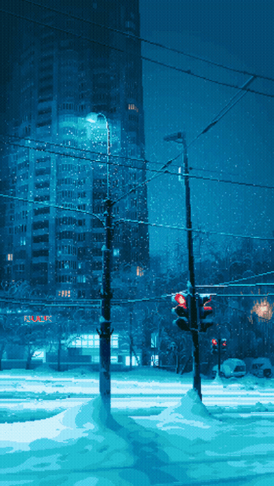 Snowy Street At Night With Red Traffic Light GIF
