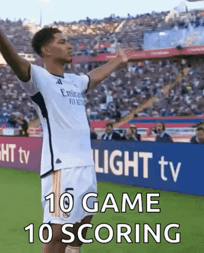 Soccer Player Arms Outstretched Says 10 Game 10 Scoring GIF