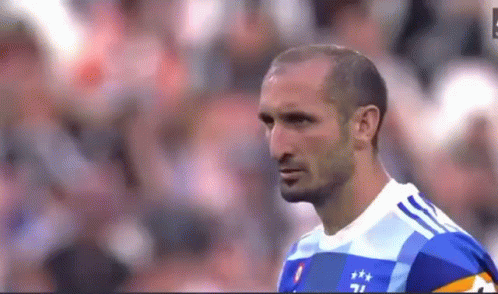 Soccer Player In Blue And White Shirt Standing On Field GIF