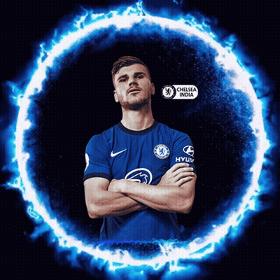 Soccer Player In Chelsea India Jersey Surrounded By Blue Flames GIF