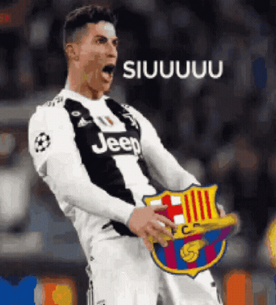 Soccer Player In Jeep Jersey Holding Ball And Barcelona Shield GIF