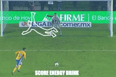 Soccer Player Kicking Ball In Front Of Score Energy Drink Sign GIF