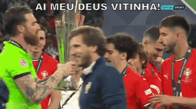 Soccer Players Around Trophy With Ai Meu Deus Vitinha GIF