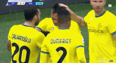 Soccer Players Calhanoglu And Dumfries Huddled GIF