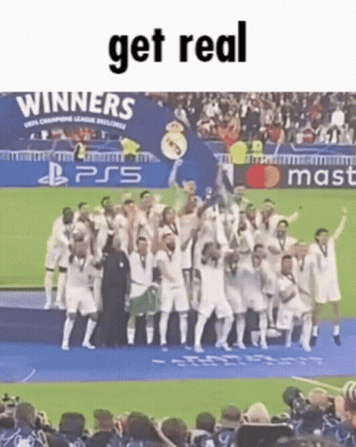 Soccer Players Holding Trophy And Get Real Sign GIF