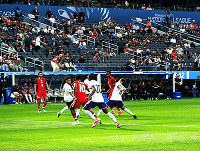 Soccer Players On A Field With A Banner That Says Concacaf Nations League On It GIF