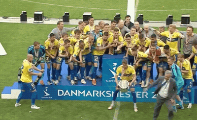 Soccer Players On Podium Saying Danmarksmester 2 GIF