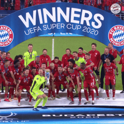 Soccer Players Posing Under Winners UEFA Super Cup 2020 Banner GIF