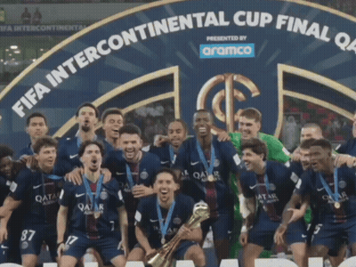 Soccer Players Posing With Trophy GIF