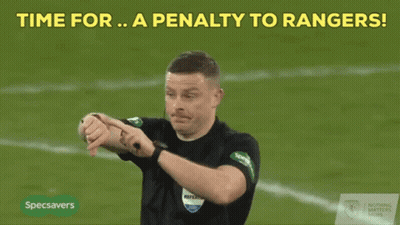 Soccer Referee Pointing At Watch Saying Time For A Penalty To Rangers GIF