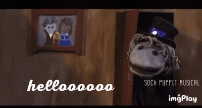 Sock Puppet Saying Hellooooo To Man And Woman GIF