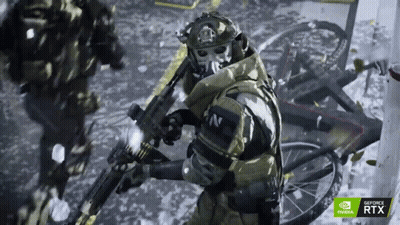 Soldier Holding Rifle In Front Of Nvidia RTX Sign GIF