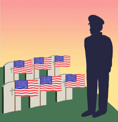 Soldier In Front Of Graves With American Flags GIF