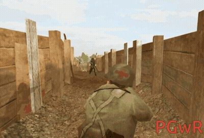 Soldier Running Through Trench With Red Cross Helmet GIF
