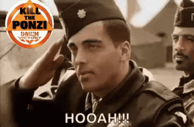Soldier Saluting In Front Of Kill The Ponzi Logo GIF