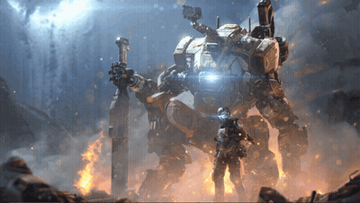 Soldier Standing Next To Large Robot With Letters TP GIF