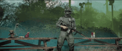 Soldier Stretching While Siren Head Standing GIF